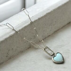 NWT Natural Larimar 925 Sterling Silver Heart Paperclip Chain Necklace! NEW!